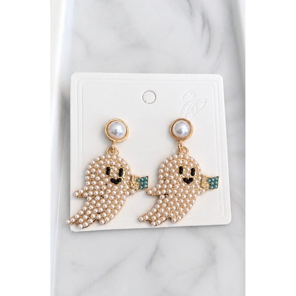 Halloween Pearl Ghost Drop Earrings Gold Tone Blue Gift Box Spooky Jewelry